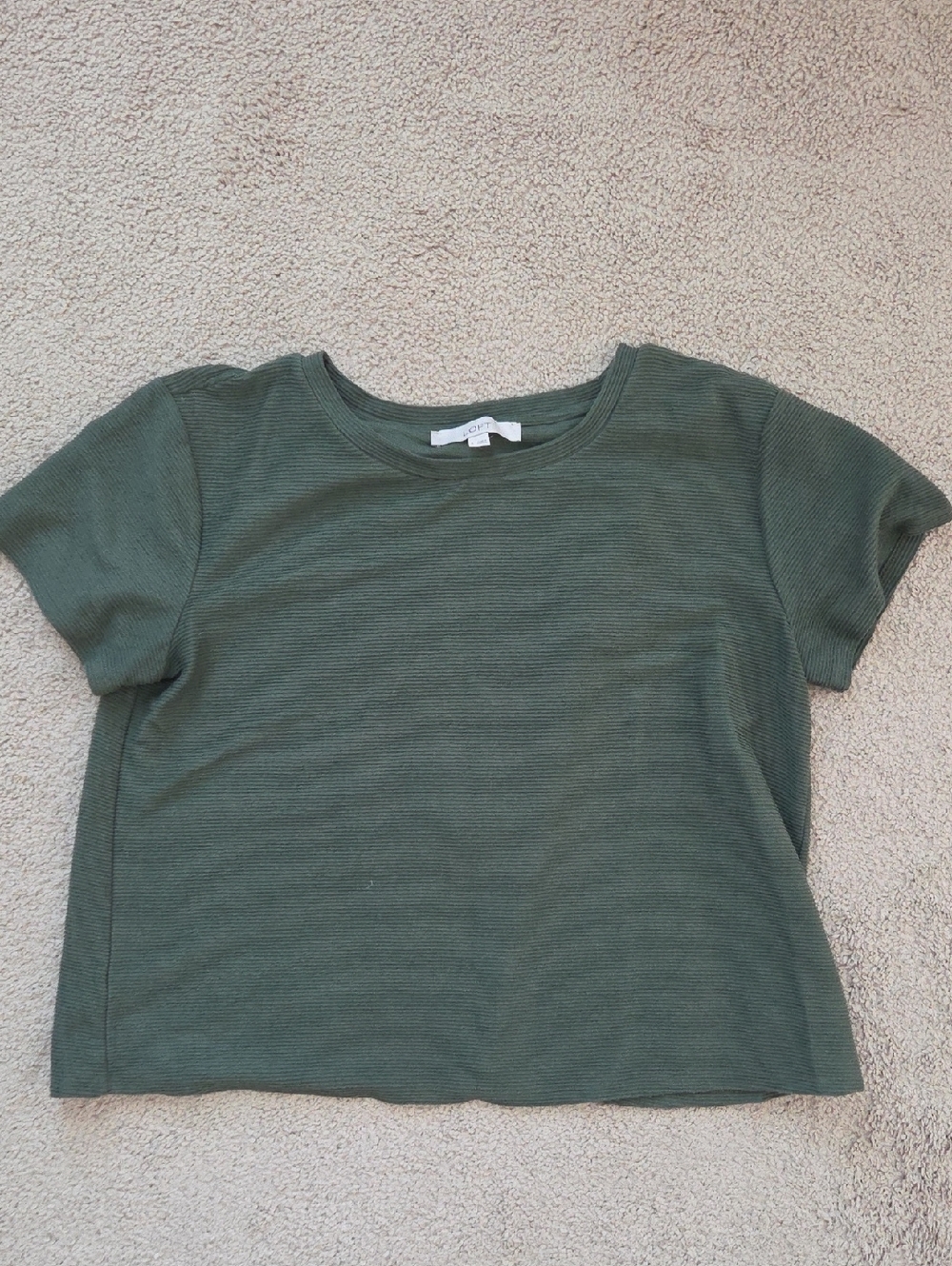 LOFT Olive Green Ribbed Short Sleeve Shirt With Tulip Detail On The Back